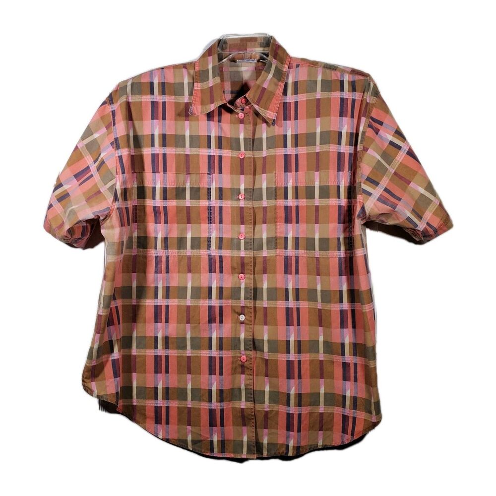 Vintage 80s Extra Elements Plaid Button Up Camp Shirt Plus Size 22W Pink Retro